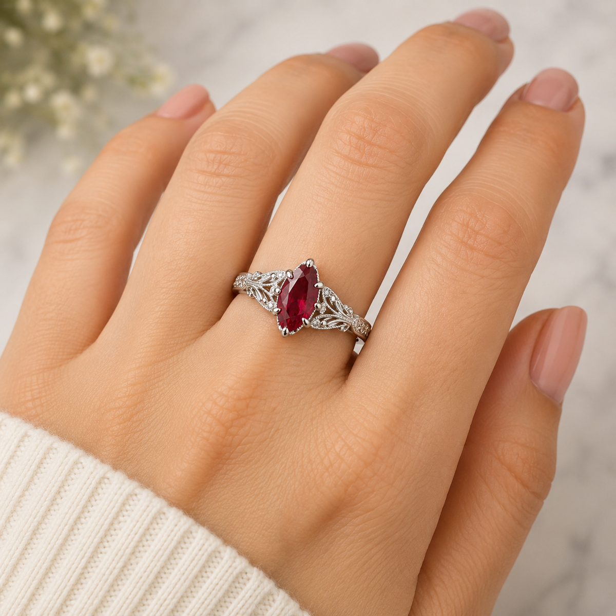 RUBBY MARQUISE-CUT VINTAGE ENGAGEMENT RING