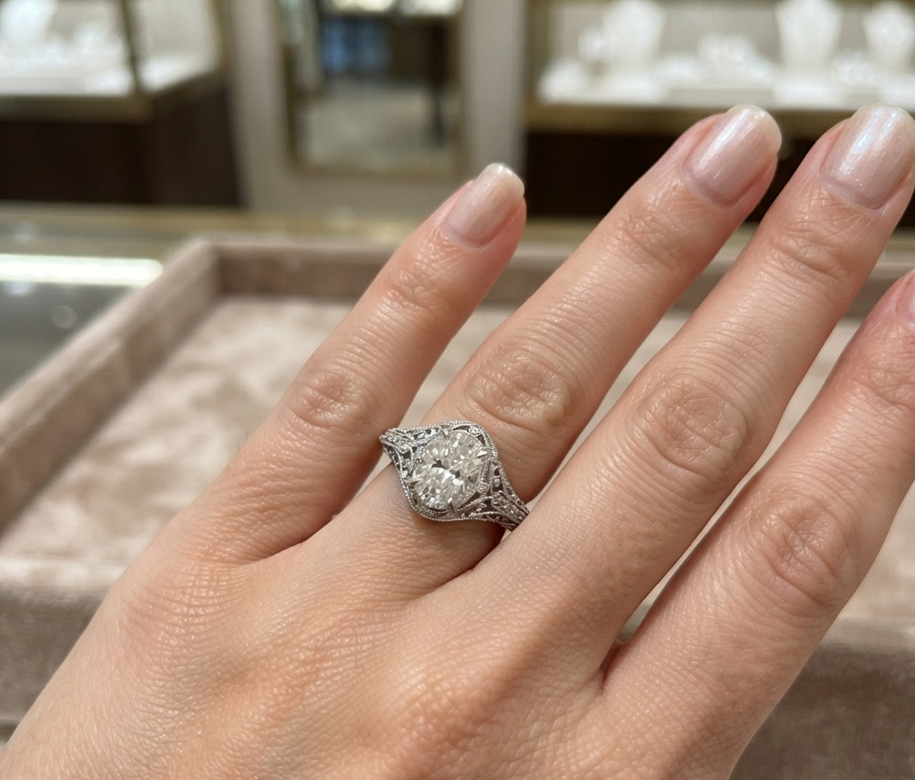 VINTAGE OVAL DIAMOND WEDDING RING