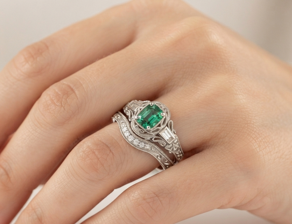 GREEN EMERALD-CUT VINTAGE RING SET