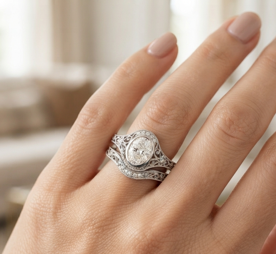 VINTAGE OVAL DIAMOND RING SET