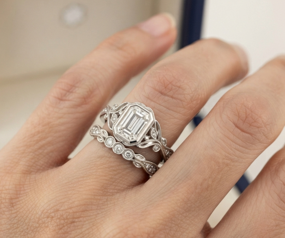 EMERALD-CUT DIAMOND VINTAGE RING SET
