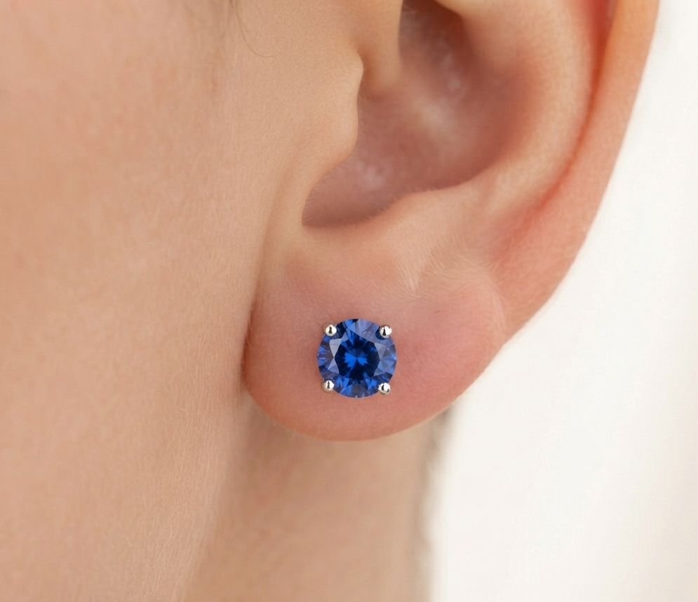 BLUE SAPPHIRE ROUND SOLITAIRE STUD EARINGS
