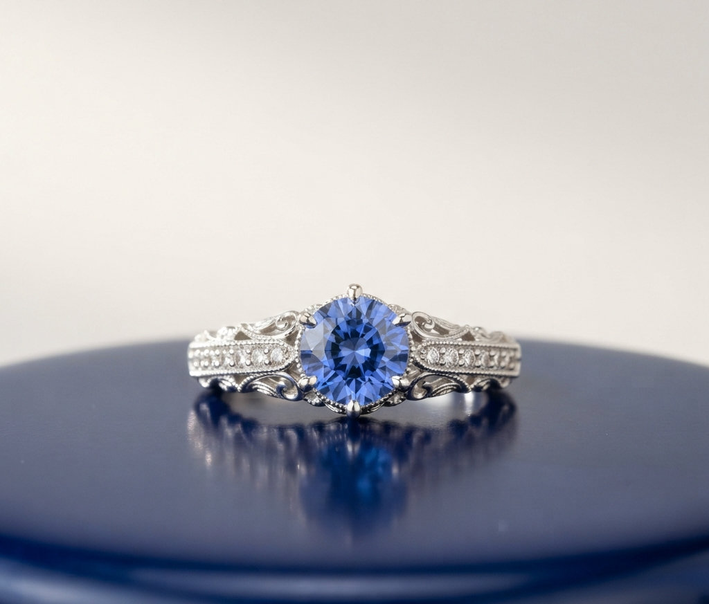 BLUE SAPPHIRE ROUND-CUT VINTAGE WEDDING RING