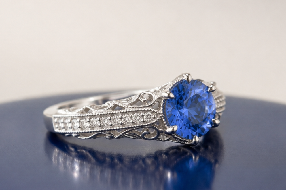 BLUE SAPPHIRE ROUND-CUT VINTAGE WEDDING RING