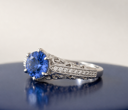 BLUE SAPPHIRE ROUND-CUT VINTAGE WEDDING RING