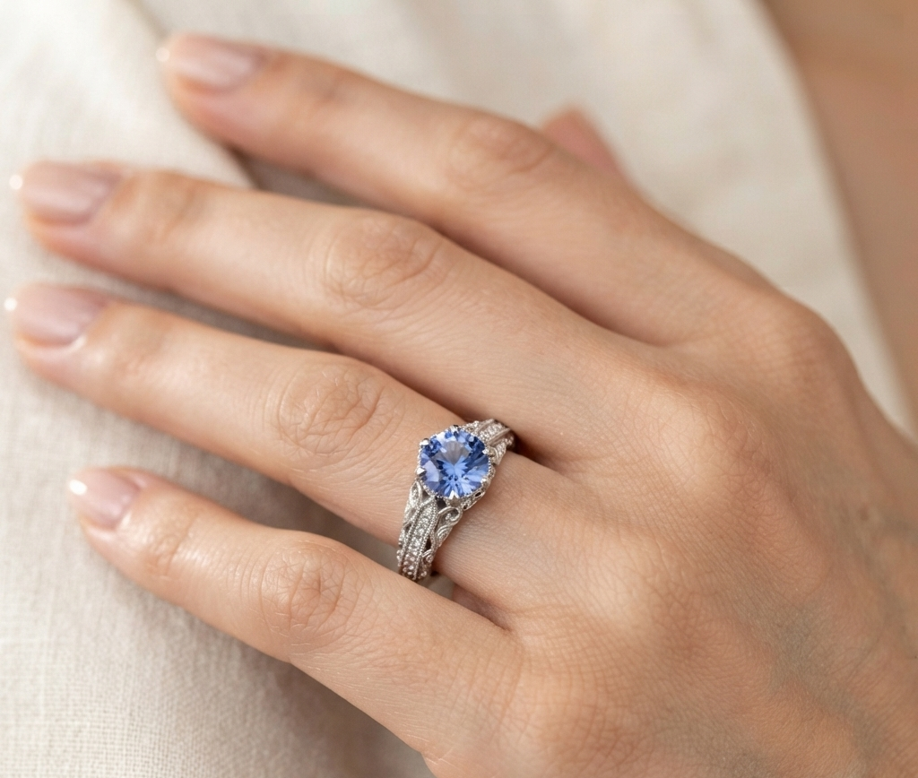 BLUE SAPPHIRE ROUND-CUT VINTAGE WEDDING RING