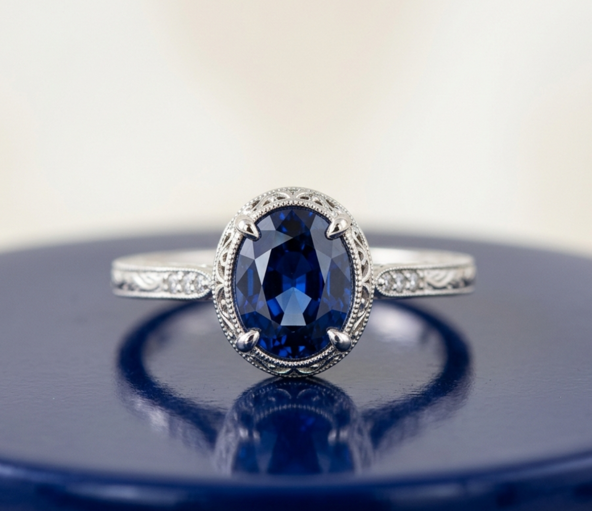 BLUE SAPPHIRE OVAL-CUT VINTAGE ENGAGEMENT RING