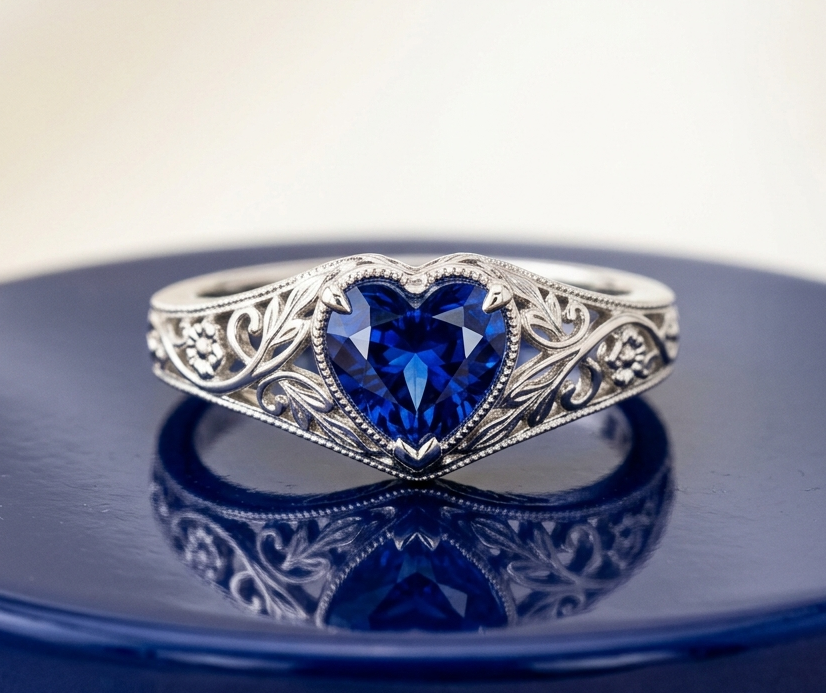 BLUE SAPPHIRE HEART-CUT VINTAGE WEDDING RING