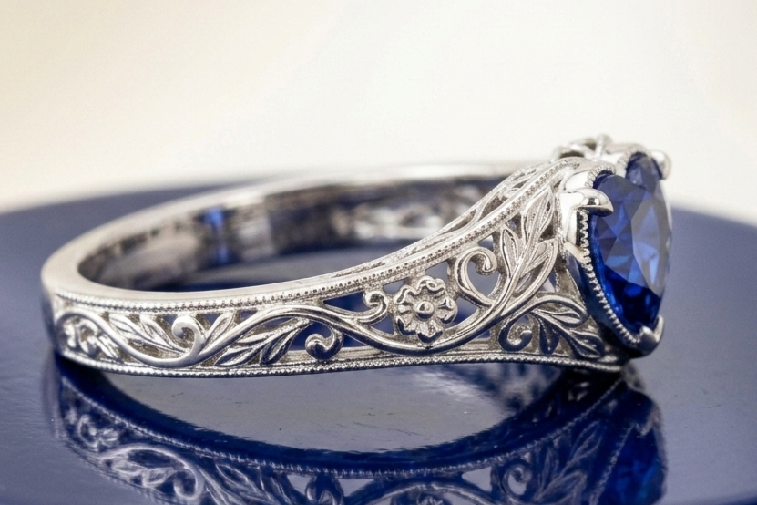 BLUE SAPPHIRE HEART-CUT VINTAGE WEDDING RING