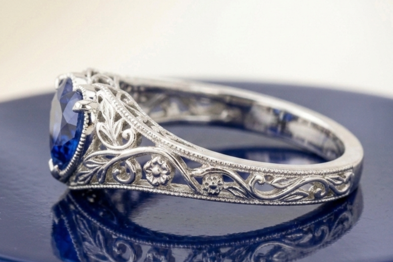 BLUE SAPPHIRE HEART-CUT VINTAGE WEDDING RING