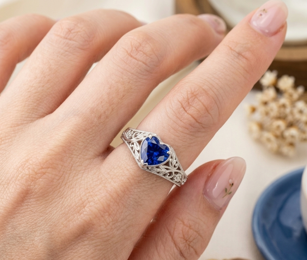 BLUE SAPPHIRE HEART-CUT VINTAGE WEDDING RING
