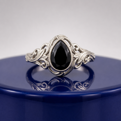BLACK PEAR-CUT VINTAGE ENGAGEMENT RING