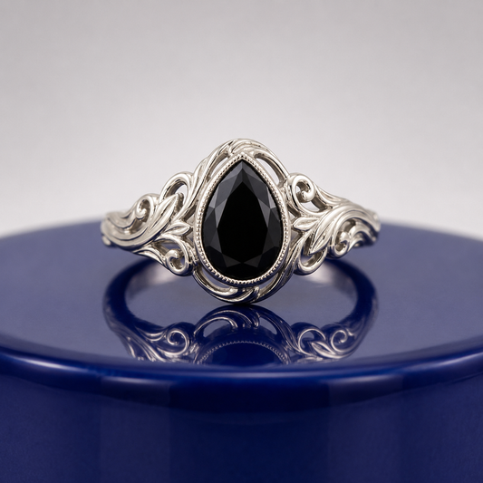 BLACK PEAR-CUT VINTAGE ENGAGEMENT RING