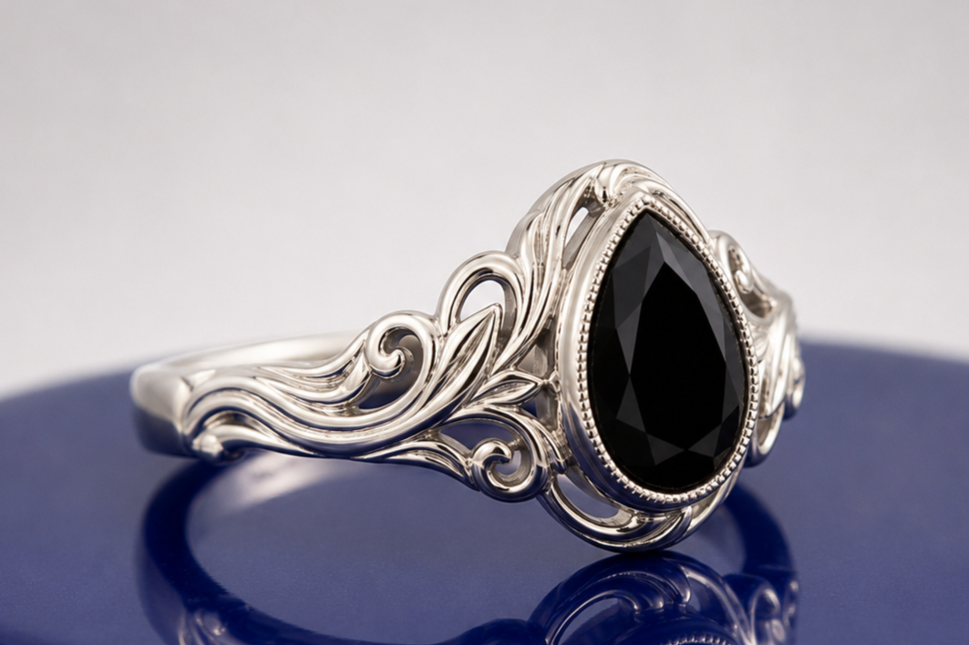 BLACK PEAR-CUT VINTAGE ENGAGEMENT RING