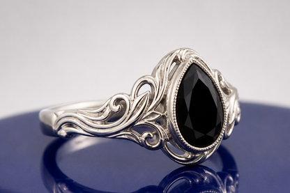 BLACK PEAR-CUT VINTAGE ENGAGEMENT RING