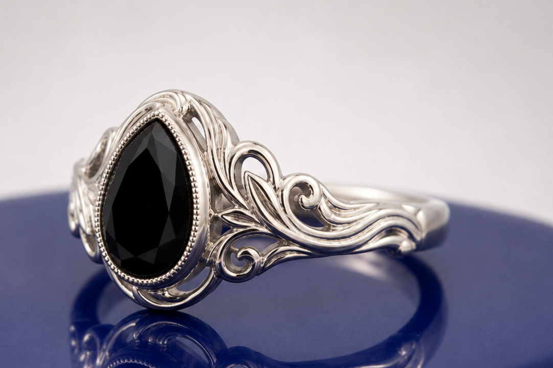 BLACK PEAR-CUT VINTAGE ENGAGEMENT RING