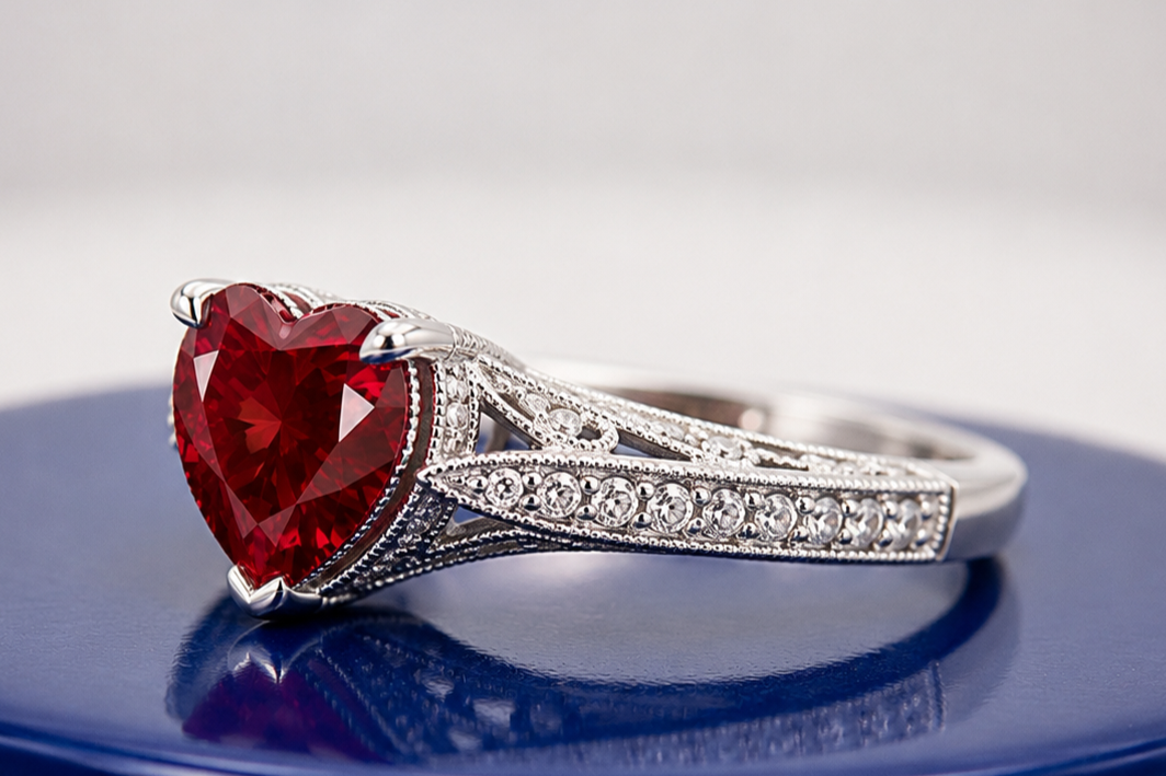 RUBY HEART-CUT VINTAGE WEDDING RING