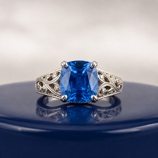 BLUE SAPPHIRE CUSHION-CUT VINTAGE ENGAGEMENT RING