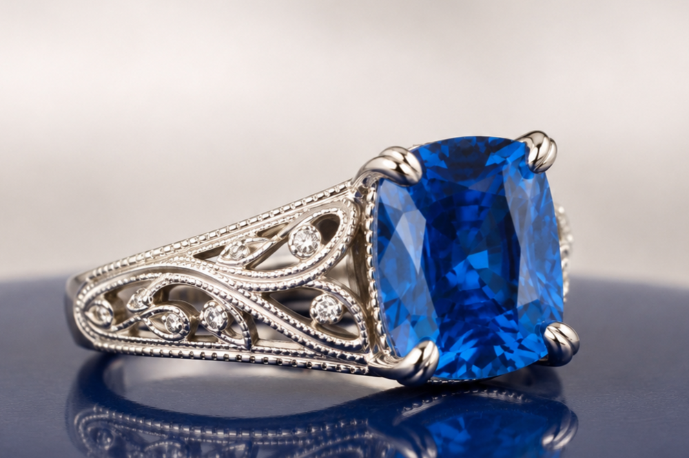 BLUE SAPPHIRE CUSHION-CUT VINTAGE ENGAGEMENT RING