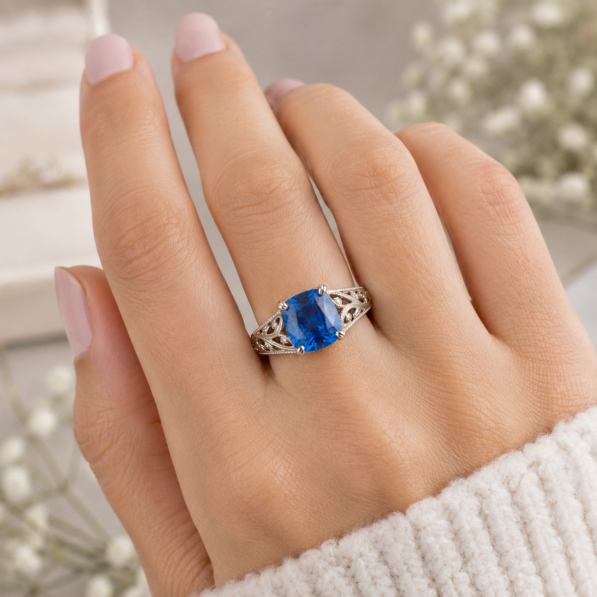 BLUE SAPPHIRE CUSHION-CUT VINTAGE ENGAGEMENT RING