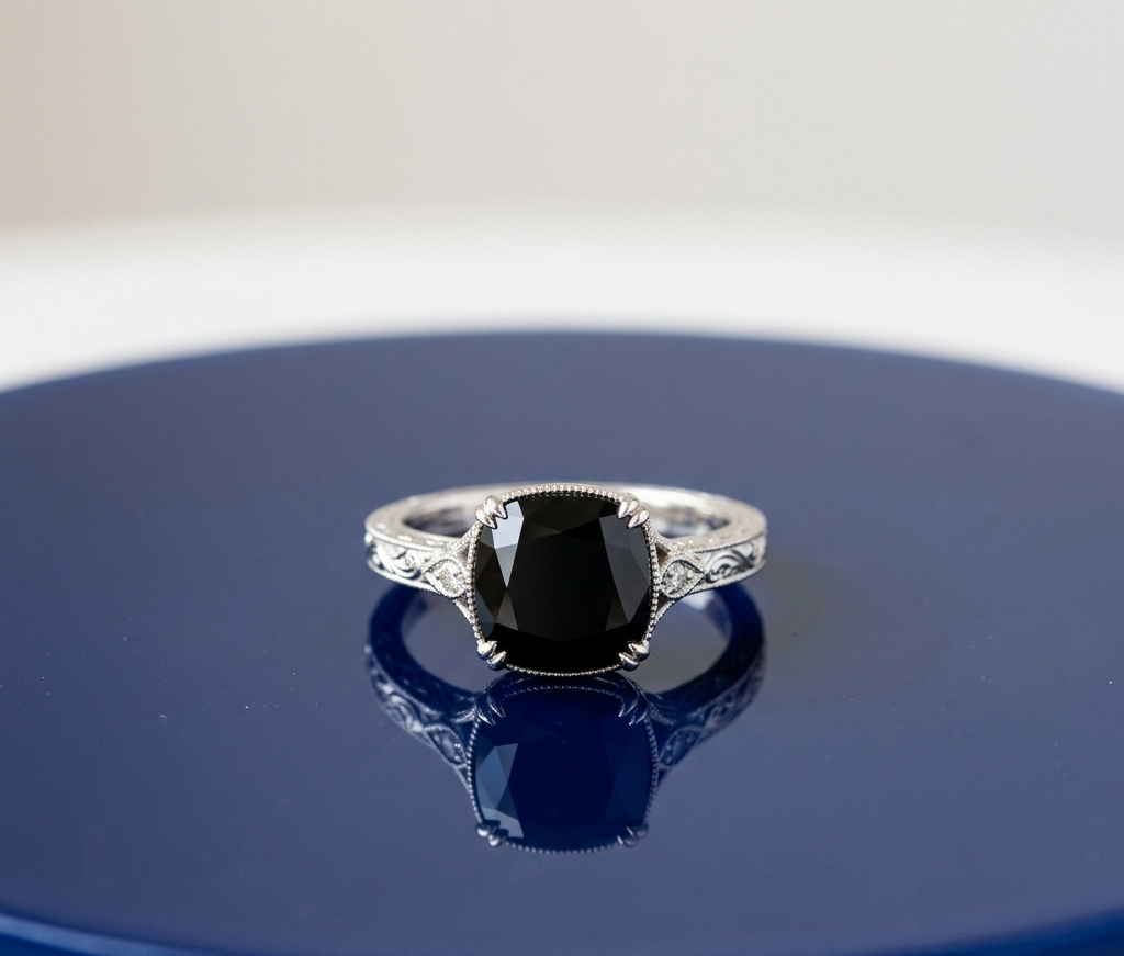 BLACK CUSHION-CUT VINTAGE ENGAGEMENT RING