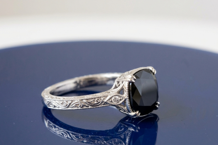 BLACK CUSHION-CUT VINTAGE ENGAGEMENT RING