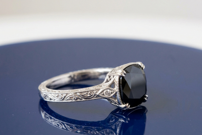 BLACK CUSHION-CUT VINTAGE ENGAGEMENT RING