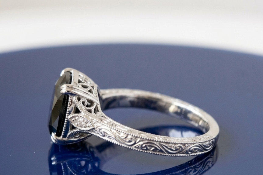 BLACK CUSHION-CUT VINTAGE ENGAGEMENT RING