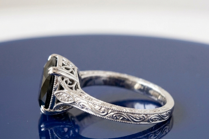 BLACK CUSHION-CUT VINTAGE ENGAGEMENT RING