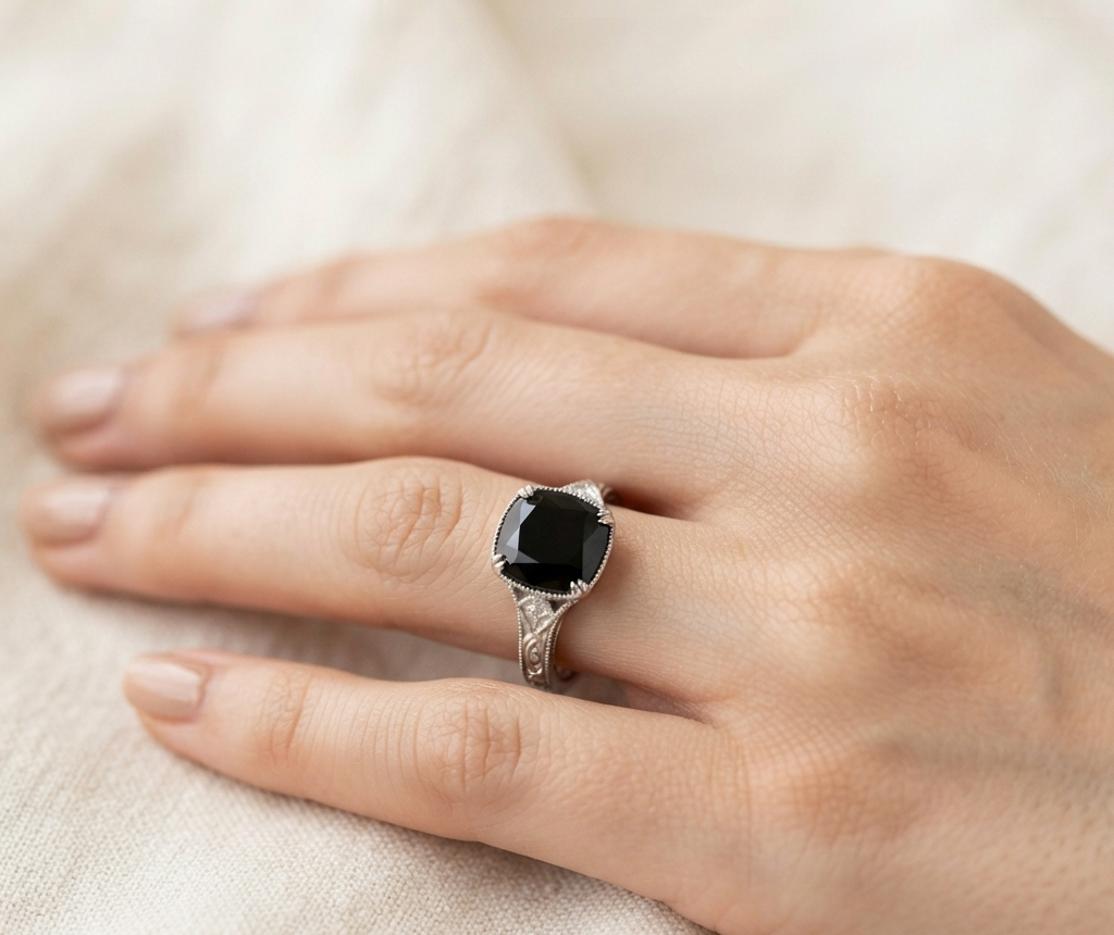 BLACK CUSHION-CUT VINTAGE ENGAGEMENT RING