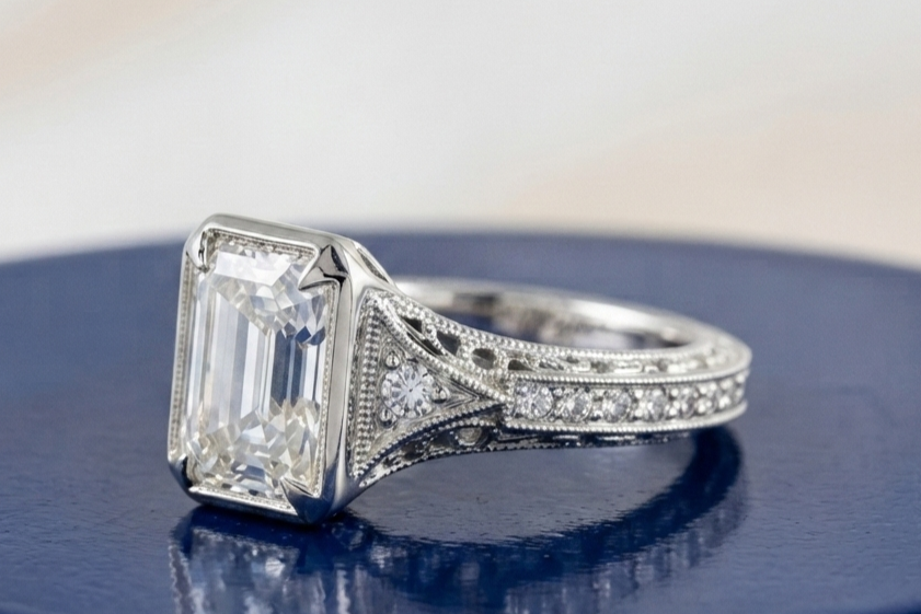 WHITE EMERALD DIAMOND WEDDING VINTAGE RING