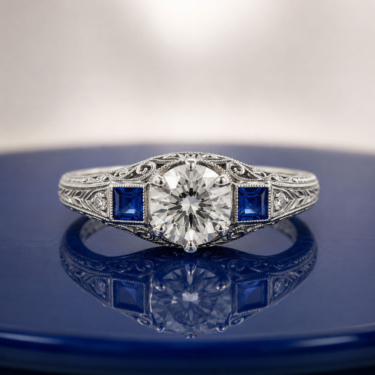 VINTAGE ROUND DIAMOND AND BLUE SAPPHIRE THREE STONE ENGAGEMENT RING