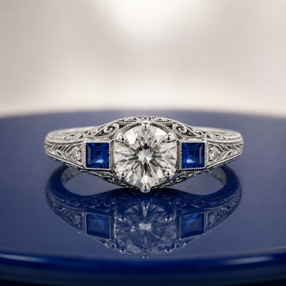 VINTAGE ROUND DIAMOND AND BLUE SAPPHIRE THREE STONE ENGAGEMENT RING