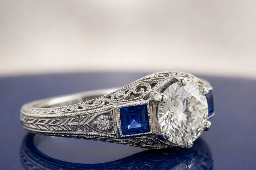 VINTAGE ROUND DIAMOND AND BLUE SAPPHIRE THREE STONE ENGAGEMENT RING