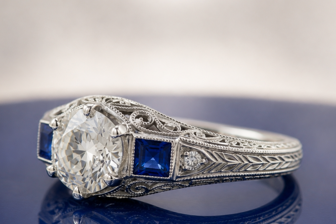 VINTAGE ROUND DIAMOND AND BLUE SAPPHIRE THREE STONE ENGAGEMENT RING
