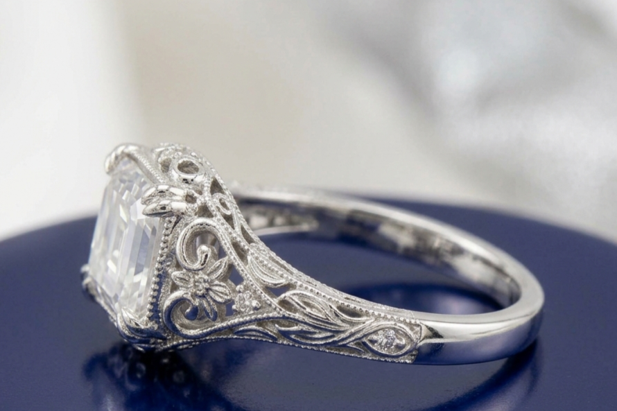 ASSCHER DIAMOND VINTAGE WEDDING RING