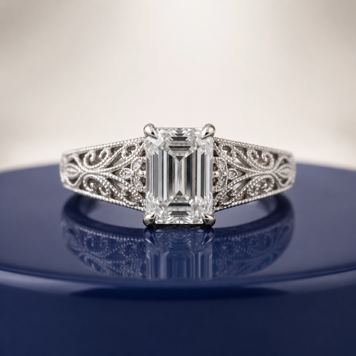 WHITE EMERALD DIAMOND VINTAGE ENGAGEMENT RING