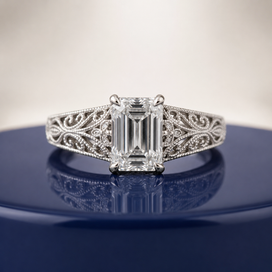 WHITE EMERALD DIAMOND VINTAGE ENGAGEMENT RING
