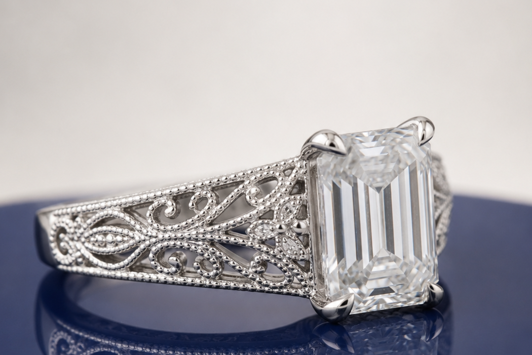 WHITE EMERALD DIAMOND VINTAGE ENGAGEMENT RING
