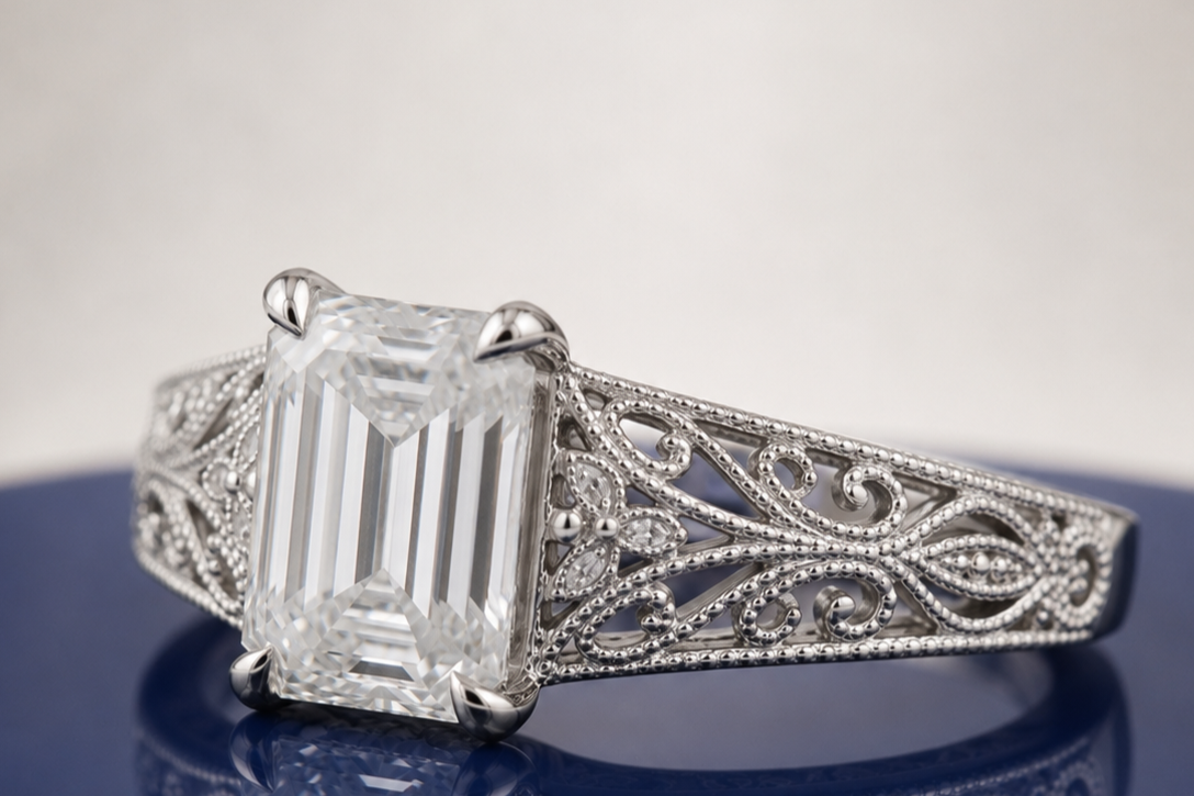 WHITE EMERALD DIAMOND VINTAGE ENGAGEMENT RING