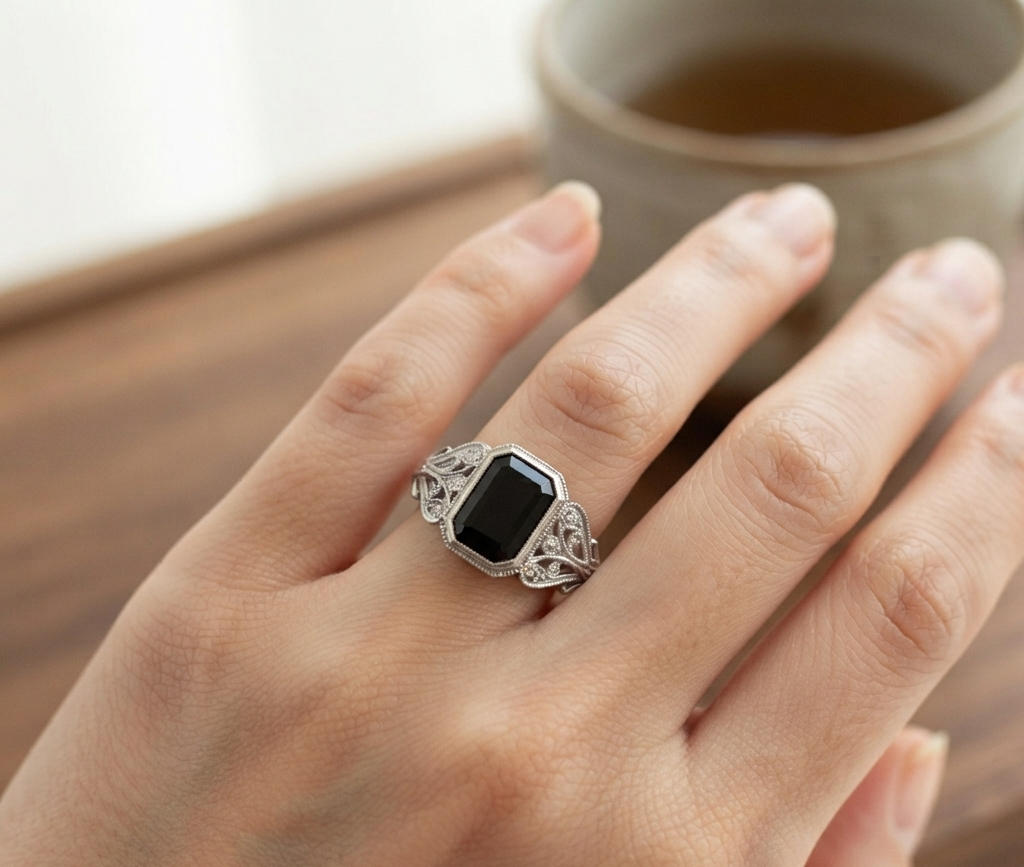 BLACK EMERALD VINTAGE ENGAGEMENT RING