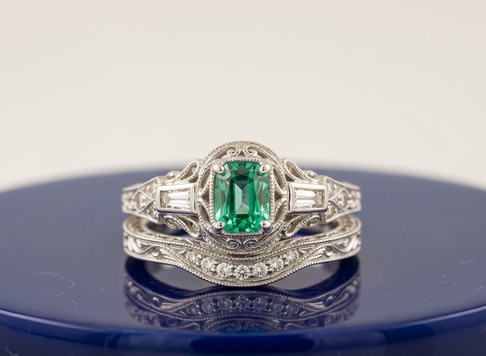 GREEN EMERALD-CUT VINTAGE RING SET