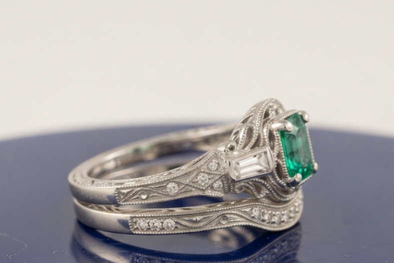GREEN EMERALD-CUT VINTAGE RING SET