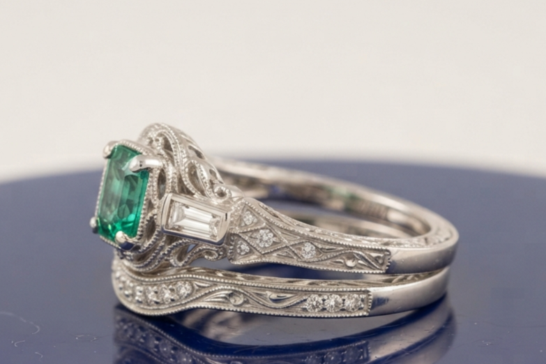 GREEN EMERALD-CUT VINTAGE RING SET