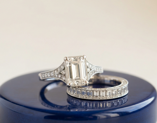 WHITE EMERALD DIAMOND VINTAGE RING SET