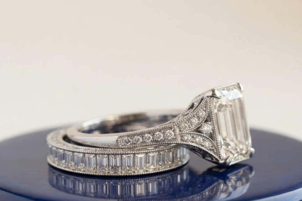 WHITE EMERALD DIAMOND VINTAGE RING SET