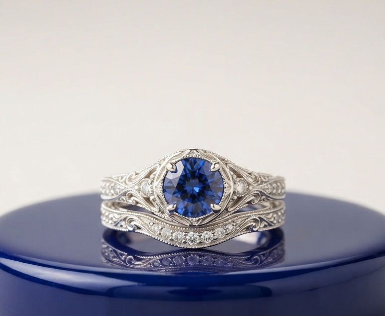 BLUE SAPPHIRE ROUND-CUT VINTAGE RING SET
