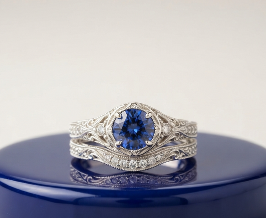 BLUE SAPPHIRE ROUND-CUT VINTAGE RING SET