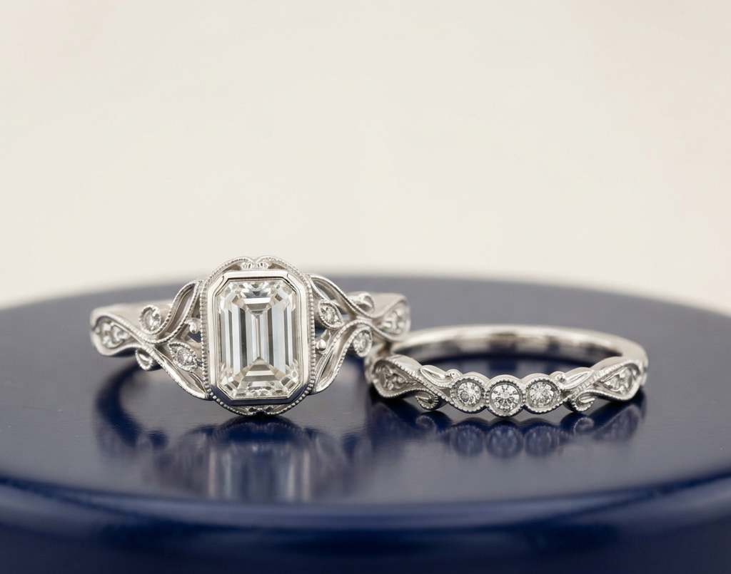EMERALD-CUT DIAMOND VINTAGE RING SET