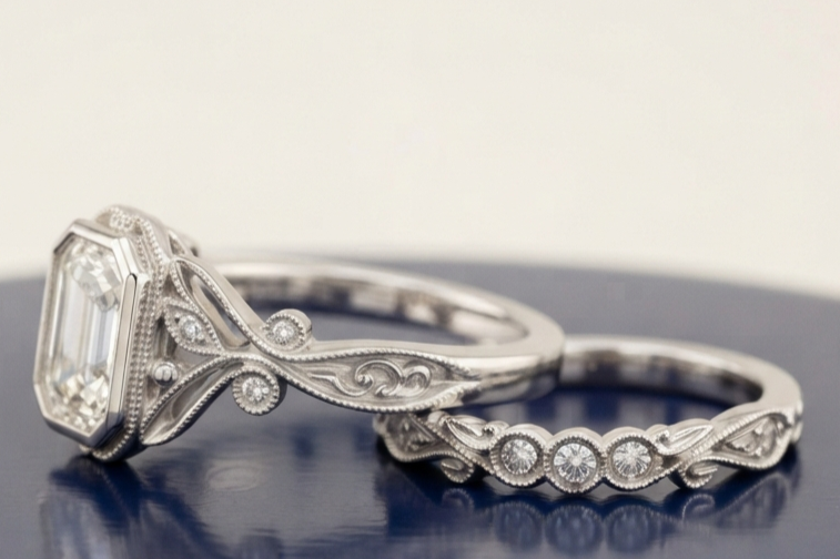EMERALD-CUT DIAMOND VINTAGE RING SET